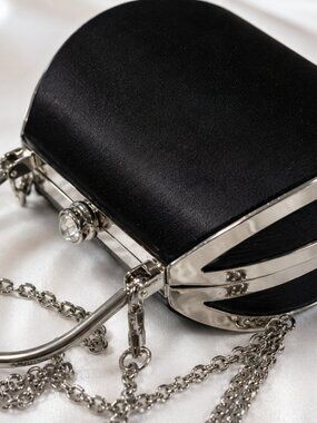 Vintage Black Satin Evening Bag Silver Frame Rhinestone Clasp Formal